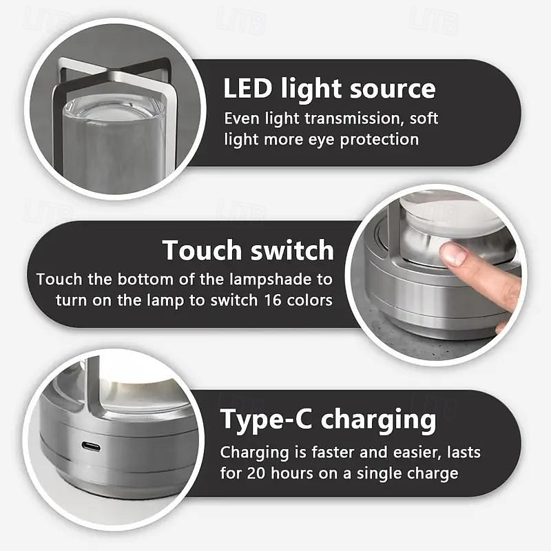 2025年 ポータブルメタルデスクランプ、コードレス LED テーブルランプ、16 色タッチコントロール充電式ランプ、無段階明るさの部屋の装飾デスクランプ、ベッドサイドランプ、ナイトライト、ダイニングルームランプ  コレクション – $43.99 –P5