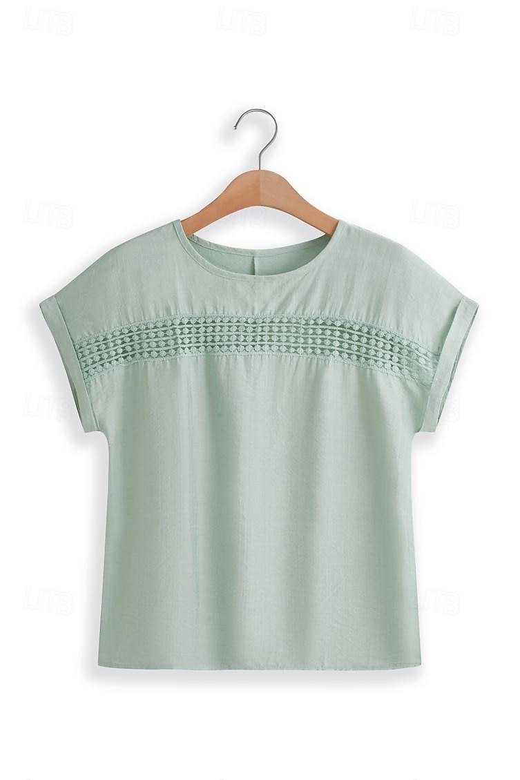 Damen Leinen-inspirierte Hemden Spitzen-T-Shirt Einfach Mode Kurzarm Rundhalsausschnitt Normale Oberteile Urlaub Täglich Spitze Schwarz Blau Braun Grün Khaki Sommer 2025 - $29.99 –P9