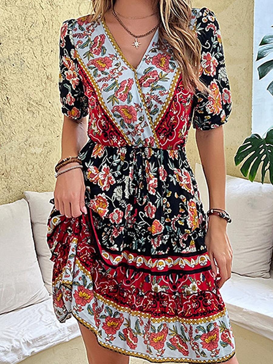 Femme Mini robe Robe casual Robe Trapèze Robe d'été robe boheme mode Ethnique Décontractées Vacances du quotidien Rendez-vous Standard Floral Manche Courte Col V Noir Rouge Bordeaux Vert Eté de 2025 ? $27.99 –P10