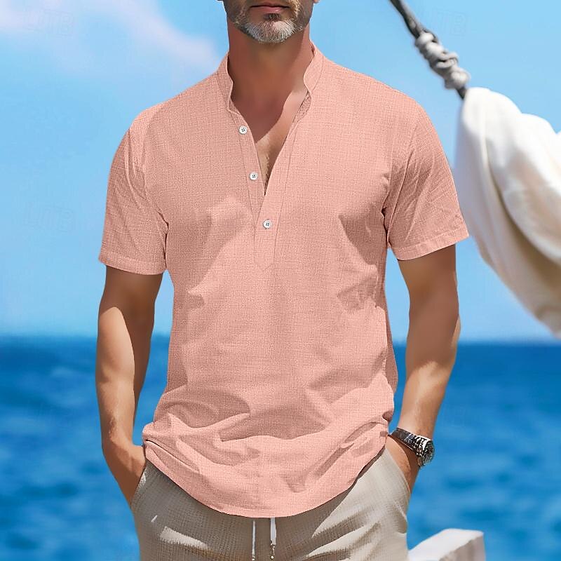 Herren Hemd leinenhemd Hemd mit Stehkragen Popover-Shirt Sommerhemd Strandhemd Glatt Urlaub Curise Schwarz Weiß Rosa Grün Kurzarm Henley Sommer Bekleidung 2025 - $22.99 –P5