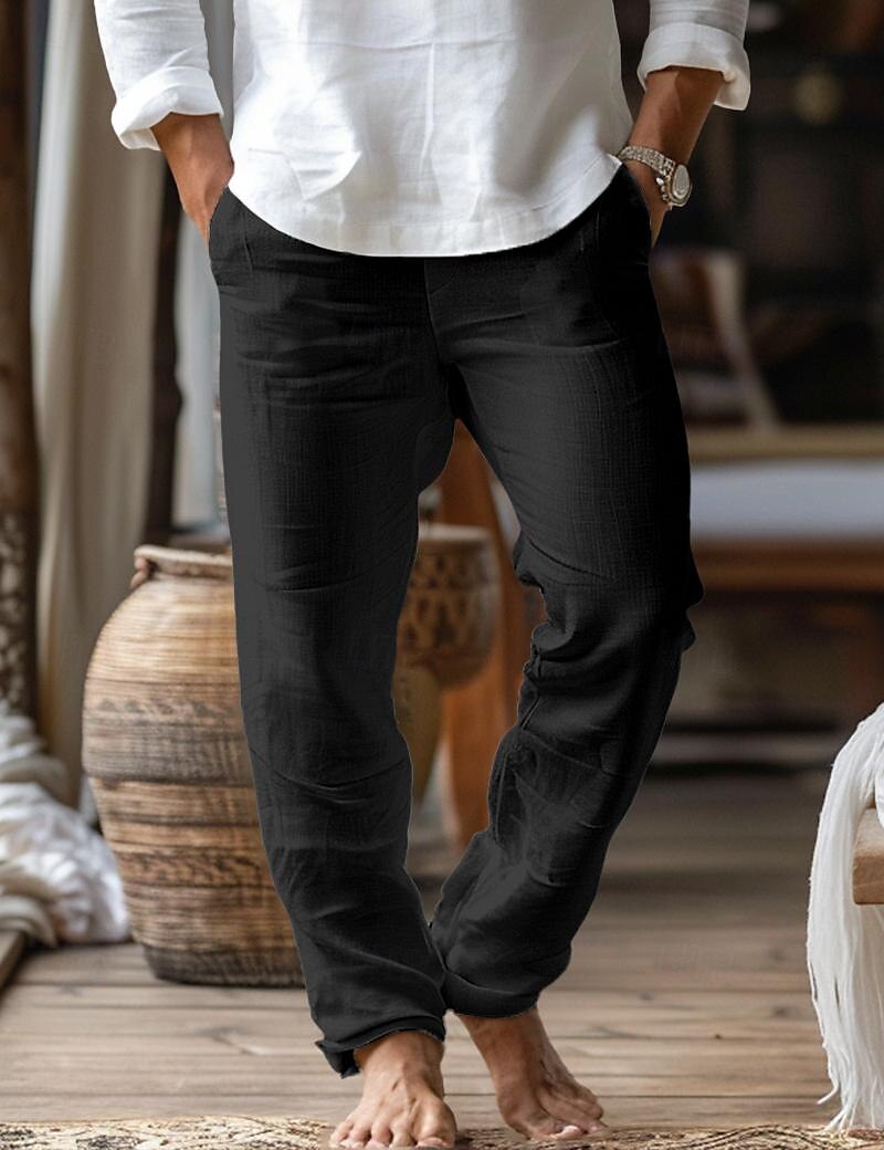 Men's Linen Pants Trousers Beach Pants Pocket Drawstring Plain Comfort Breathable Home Daily Stylish Classic Style Black White Micro-elastic 2025 - $20.99 –P4