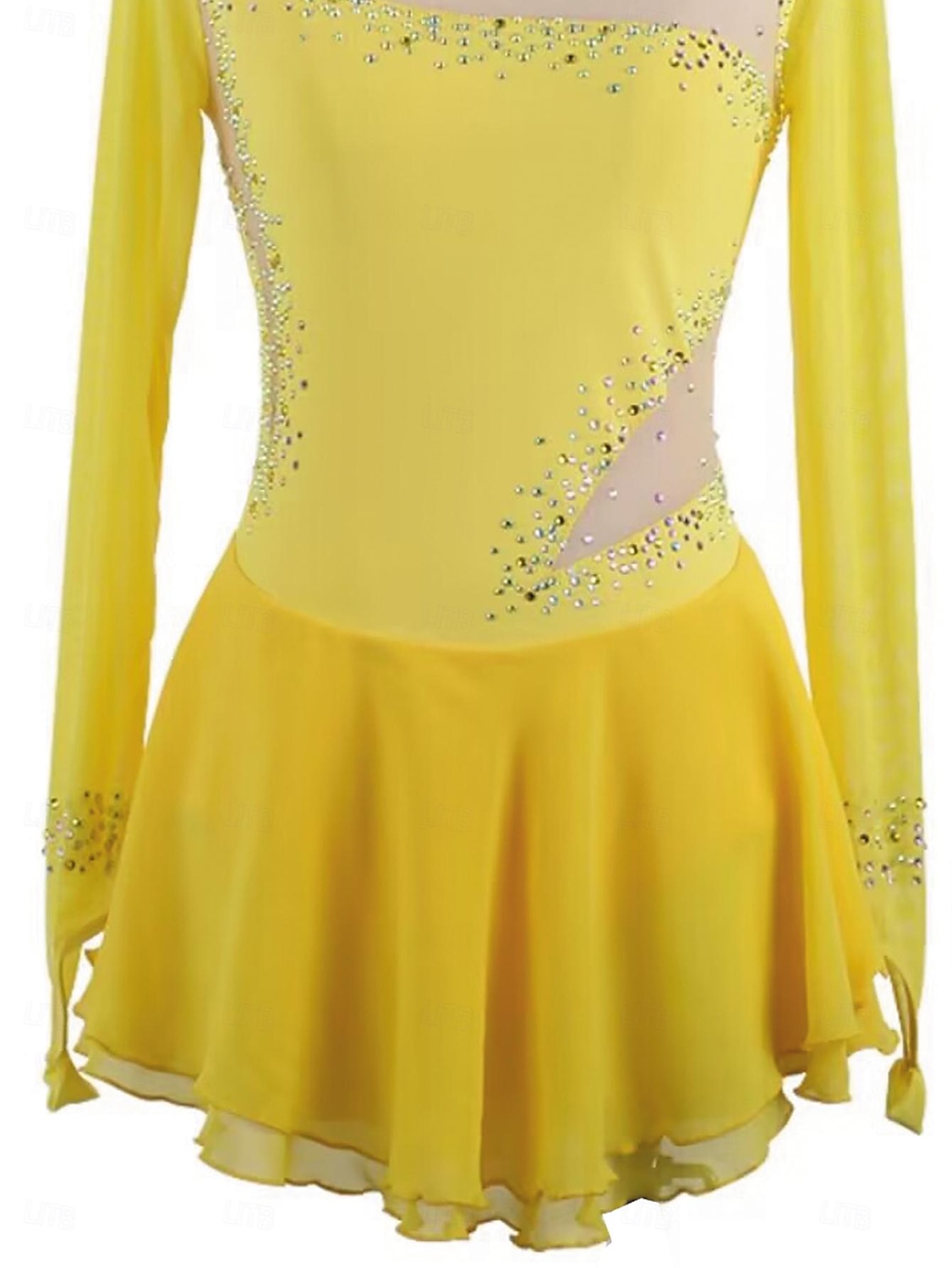 Figure Skating Dress Women's Girls' Ice Skating Dress Yellow Patchwork Thumbhole Mesh Spandex Stretchy Training Practice Professional Skating Wear Thermal Warm Crystal / Rhinestone Long Sleeve Ice 2025 - $158.99 –P4