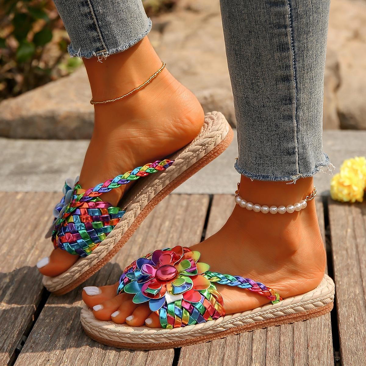 Women's Colorful Bohemian Flower Sandals – Handmade Woven Slip-On Flats for Beach & Summer Casual Wear 2025 - $24.99 –P3