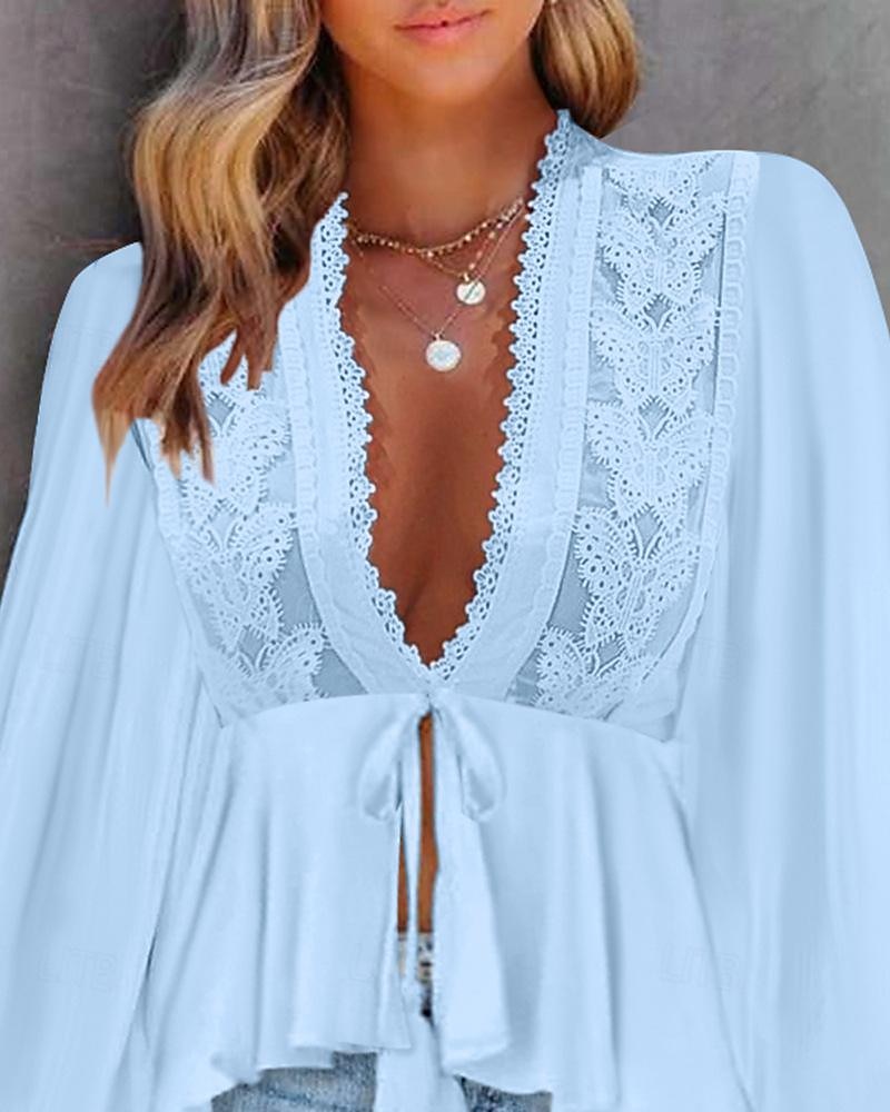 Dámské Košile Boho košile Halenka Bez vzoru Módní Do V ulice Denní Krajka Bílá Nebeská modř Léto 2025 - $38.99 –P5
