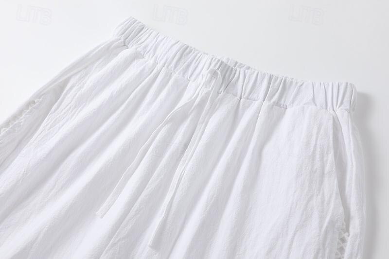 damskie lniane spodnie z szerokimi nogawkami haftowane detale z boku elastyczny ściągacz w pasie plażowe swobodne letnie białe 2025 - $24.99 -P3