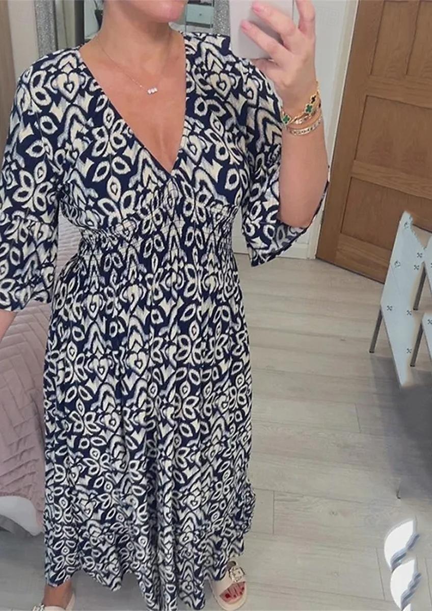 robe décontractée pour femme imprimé floral col en V robe longue robe maxi ethnique décontractée tous les jours vacances manches 3/4 été de 2025 ? $39.99 –P4