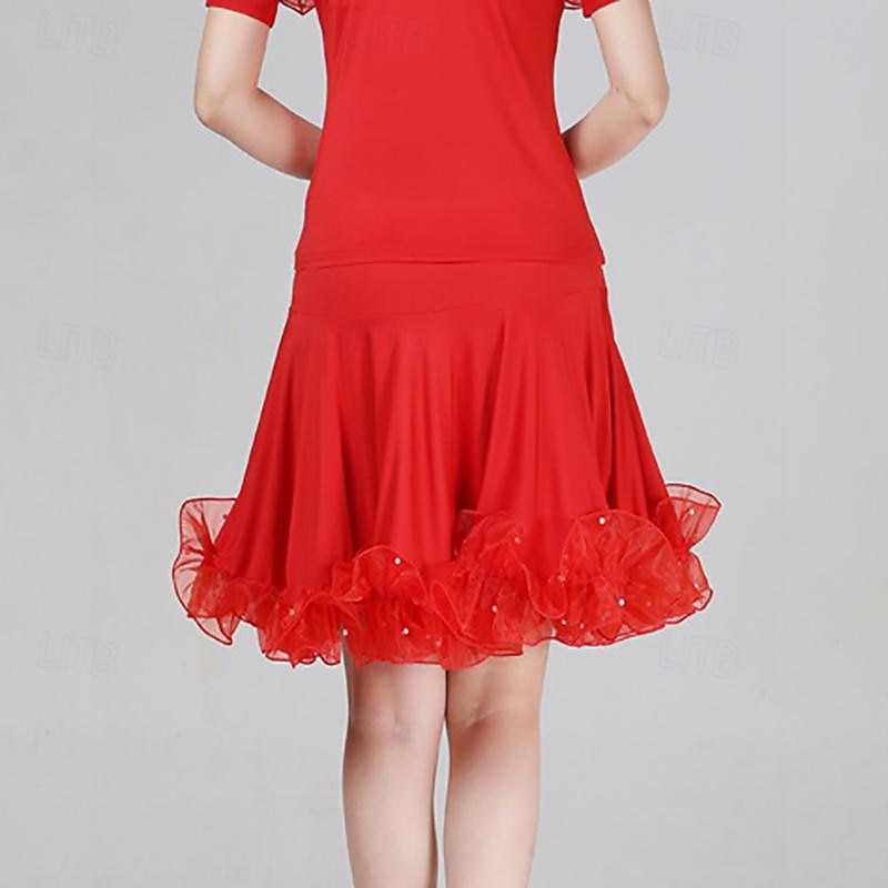 Dança Latina Dança de Salão Saias Cor Pura Babados Recortes Mulheres Espetáculo Treino Alto Poliéster de 2026 por $52.99 –P1