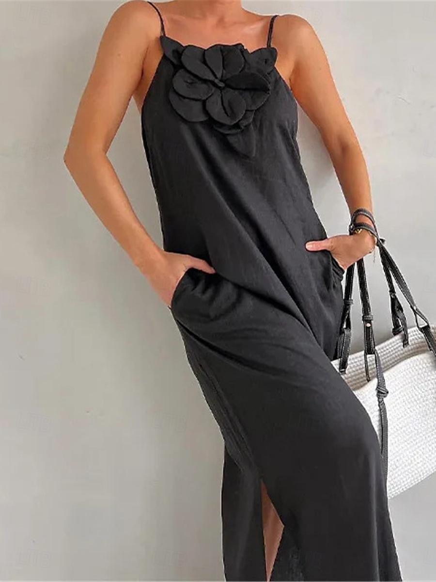 Per donna Nero Rosso Albicocca Estate Primavera Abito maxi Abiti in cotone e lino Vestito Casual Abito con spalline Essenziale Moderno Quotidiano Weekend Vestibilità comoda Semplice Spalline sottili del 2025 a $26.99 –P4