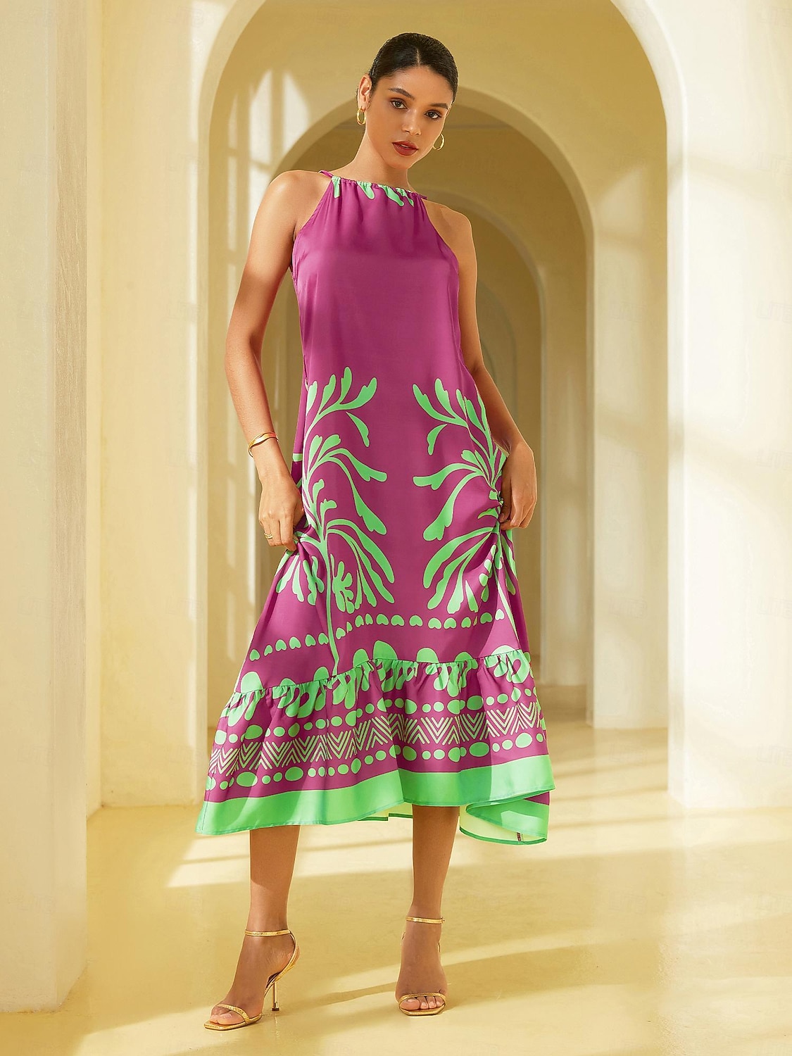 vestido midi geométrico sem mangas em cetim de 2026 por $21.99 –P4