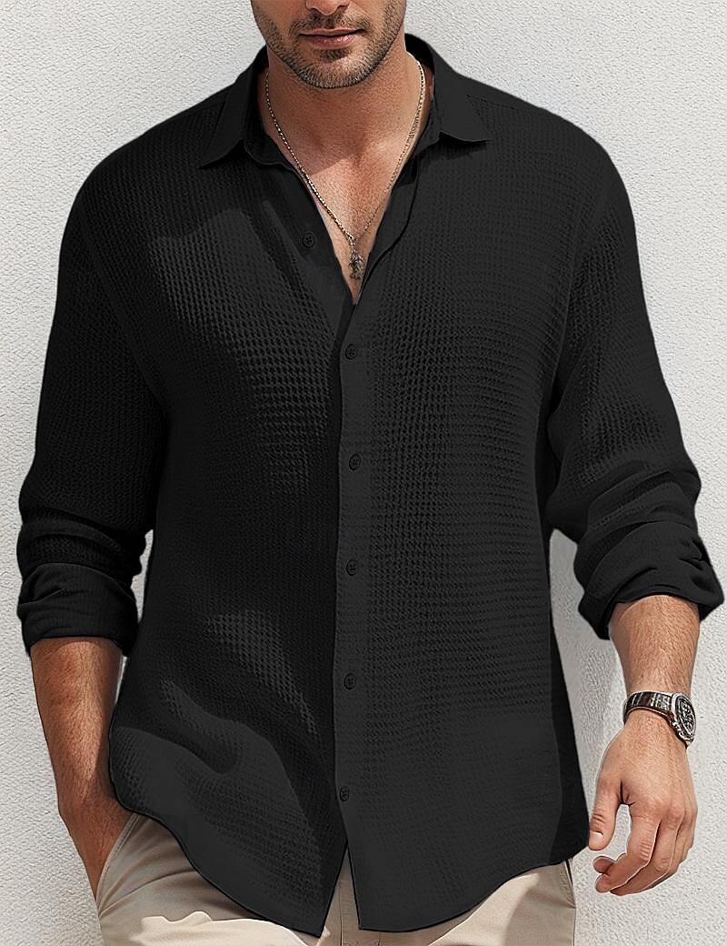 Herren Hemd Sommerhemd Knopfhemd Lässiges Hemd Waffel-Shirt Schwarz Weiß Blau Kaki Langarm Glatt Kargen Täglich Urlaub Bekleidung Modisch Brautkleider schlicht Komfortabel 2025 - $28.99 –P6