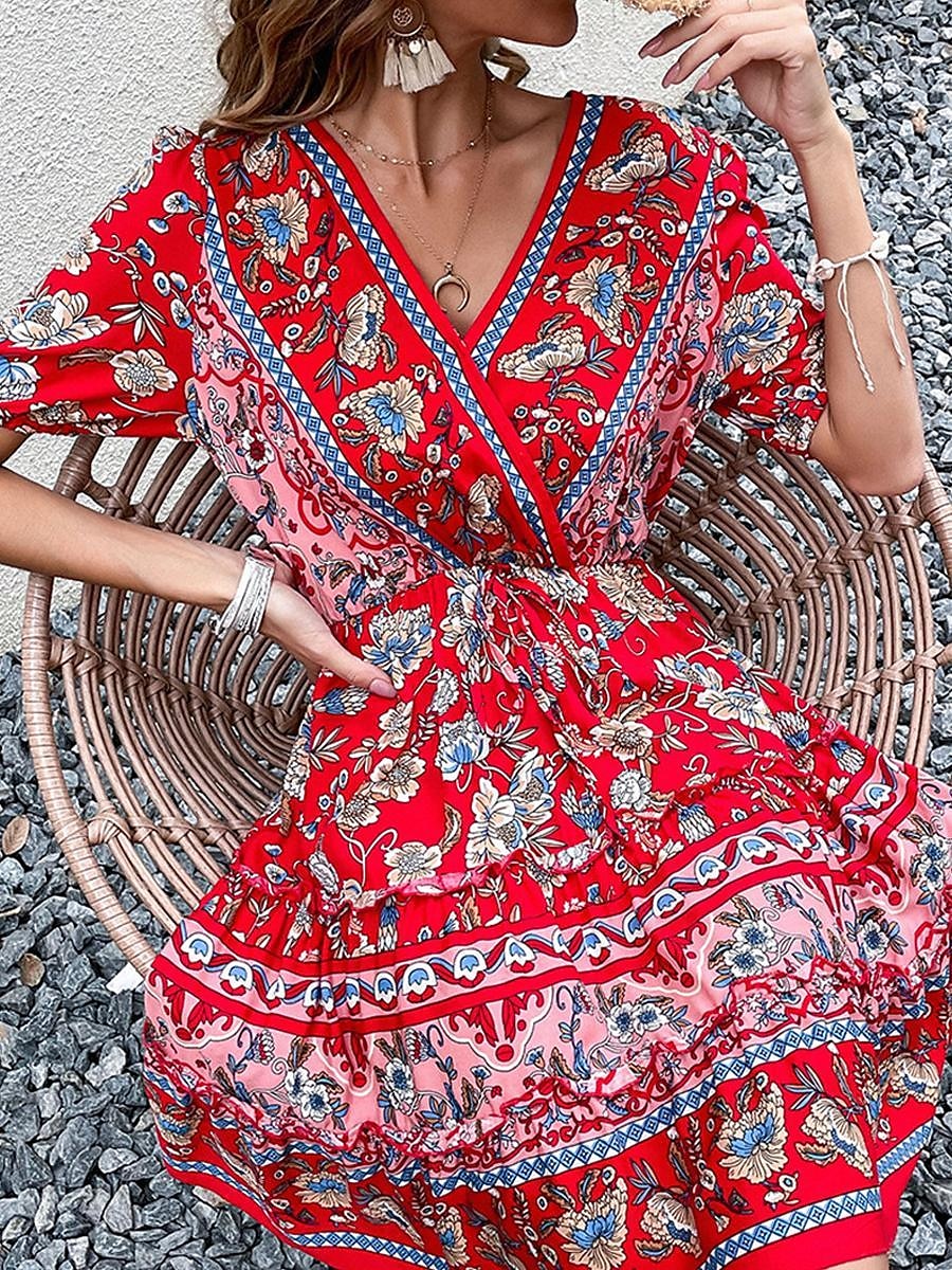Femme Mini robe Robe casual Robe Trapèze Robe d'été robe boheme mode Ethnique Décontractées Vacances du quotidien Rendez-vous Standard Floral Manche Courte Col V Noir Rouge Bordeaux Vert Eté de 2025 ? $27.99 –P8