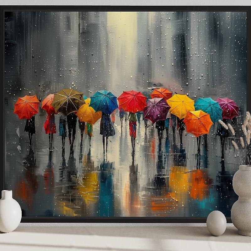 handgemalte Menschen mit Regenschirmen in einer regnerischen Stadt, handgemachte Wandkunst, abstraktes graues Farbspritzer-Gemälde, Leinwandgemälde, modernes Landschaftsgemälde für Wohnzimmerdekor, 2025 - $125.99 –P8