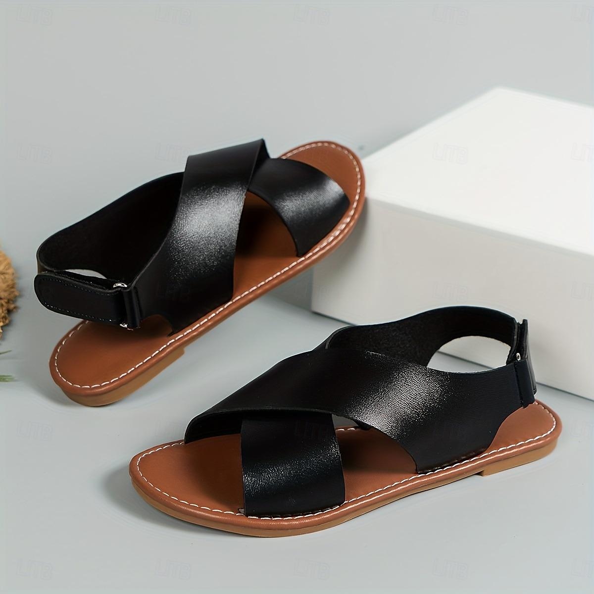Women's Flat Sandals Boho Sandals Summer Beach Shoes Plus Size Cross Strap Sandals Casual Slingback Summer Sandals Black Brown 2025 - $18.99 –P9