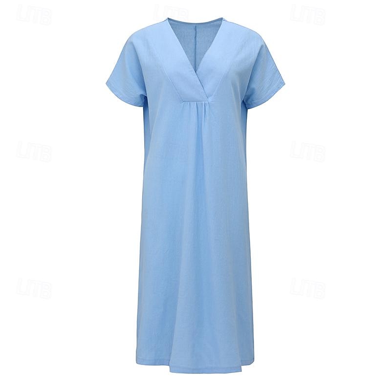 dames midi-jurk v-hals gekreukte textuur lichtblauw korte mouw casual strandkleding losse pasvorm ademende zomerkleding 2025 - $10.99 –P1