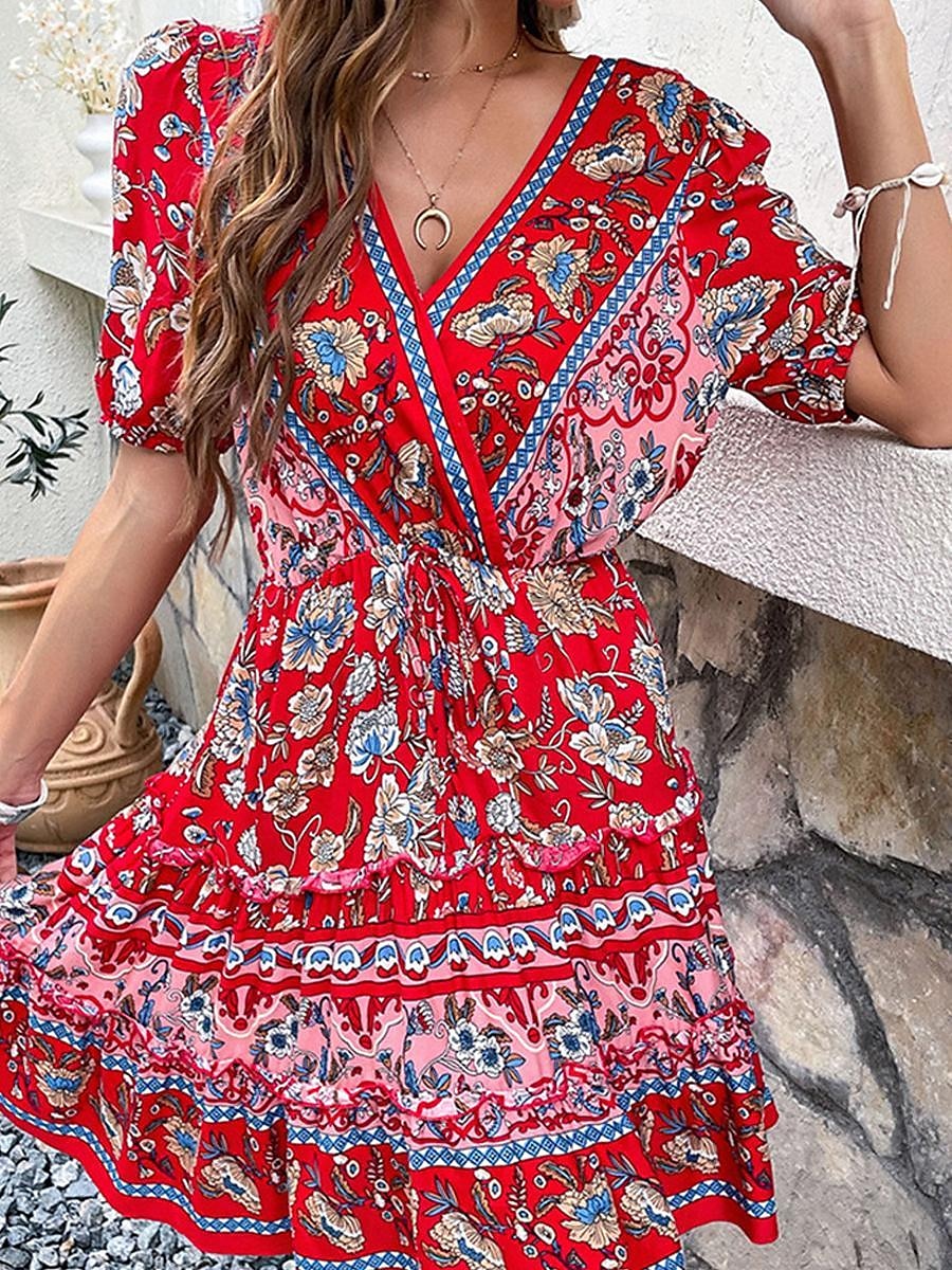 Femme Mini robe Robe casual Robe Trapèze Robe d'été robe boheme mode Ethnique Décontractées Vacances du quotidien Rendez-vous Standard Floral Manche Courte Col V Noir Rouge Bordeaux Vert Eté de 2025 ? $27.99 –P3