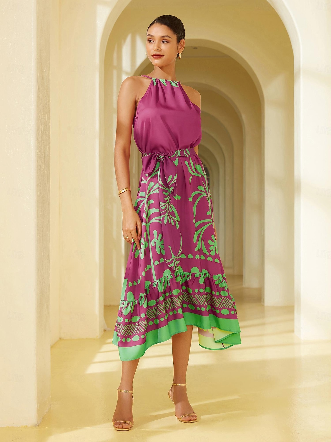 vestido midi geométrico sem mangas em cetim de 2026 por $21.99 –P6