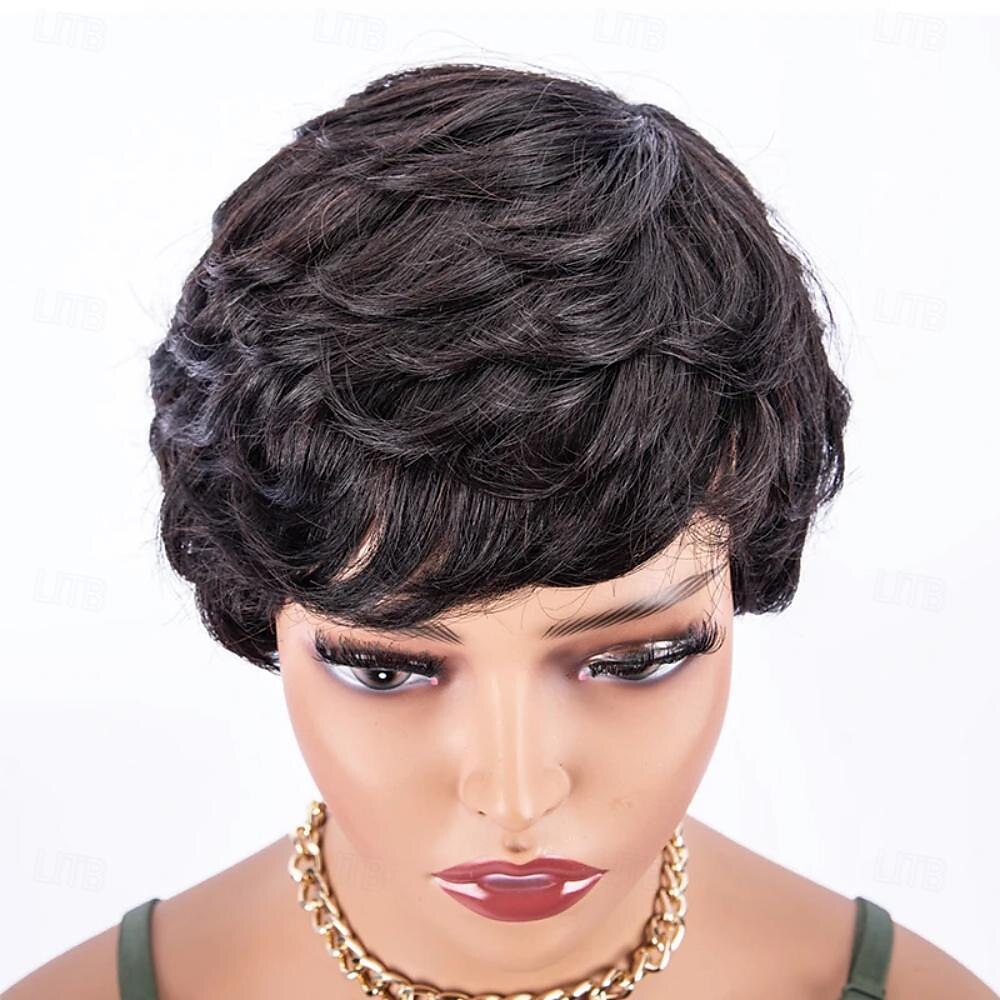 parrucche di capelli umani con frangia capelli corti neri ondulati a macchina per parrucche da donna nera del 2025 a $47.99 –P5