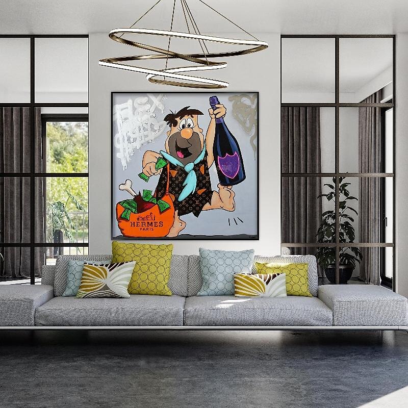 fred flintstone 100% handmålad graffiti konst popkonst målning väggdekor målning för vardagsrum kontor väggkonst tecknad målning 2025 - $200.99 –P2