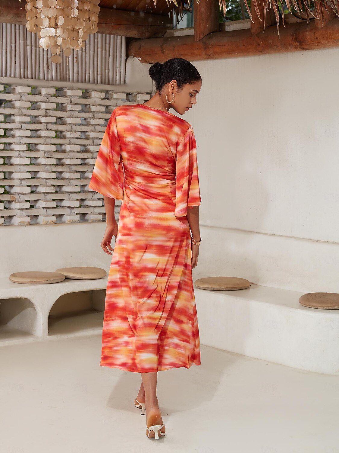 2025年 女性用 ヘムマキシ マキシドレス ルビーレッド ハーフスリーブ シェーディング プリント 夏 Ｖネック ドレス バケーション S M L  コレクション – $103.99 –P4