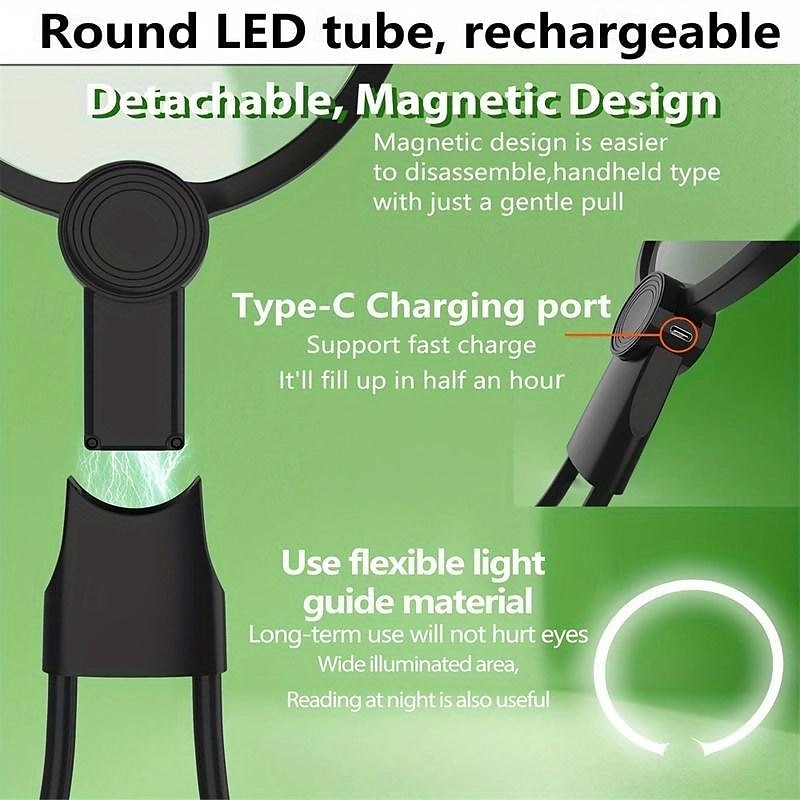 1pc Hands-Free Lighted Magnifier, Neck-Wearable Large Lens for Close Work, LED Illuminated Magnifying Glass for Reading, Sewing, Cross Stitching, with Type-C Magnetic Design 2025 - $48.99 –P5