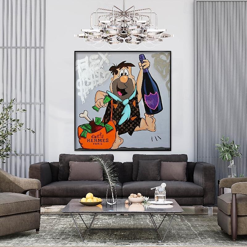 fred flintstone 100% handmålad graffiti konst popkonst målning väggdekor målning för vardagsrum kontor väggkonst tecknad målning 2025 - $200.99 –P3