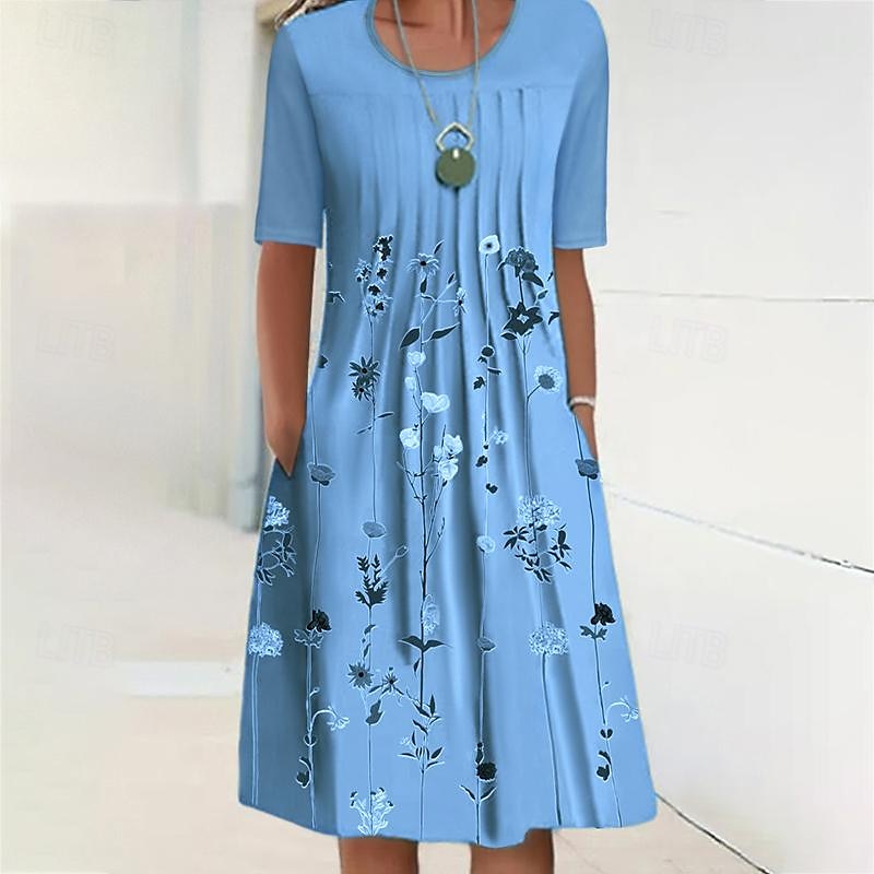 Women's Midi Dress Casual Dress Shift Dress Floral Ruched Print Crew Neck Basic Daily Short Sleeve Summer Spring 2025 - $31.99 –P1