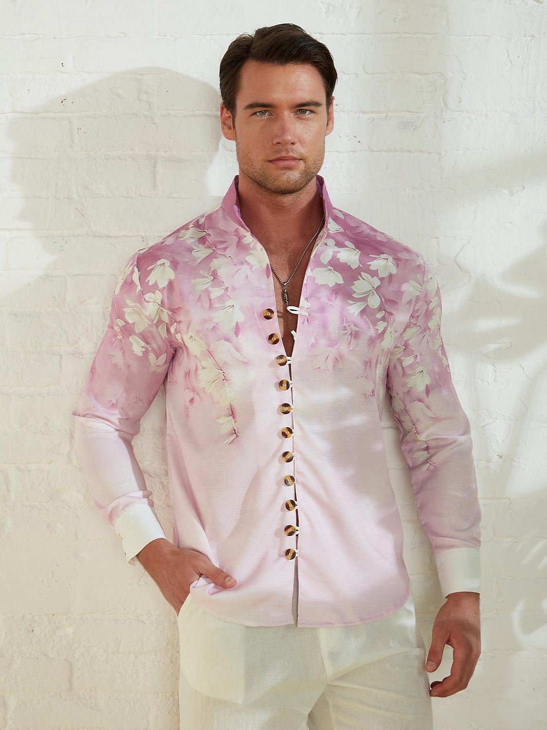 Herren Blumen Hemd leinenhemd Aloha-Shirt Langarm Brautkleider schlicht Freizeitskleidung Ausgehen Wochenende Frühling Stehkragen Bedruckt Button-Down Blau Purpur Grün 2025 - $25.99 –P1