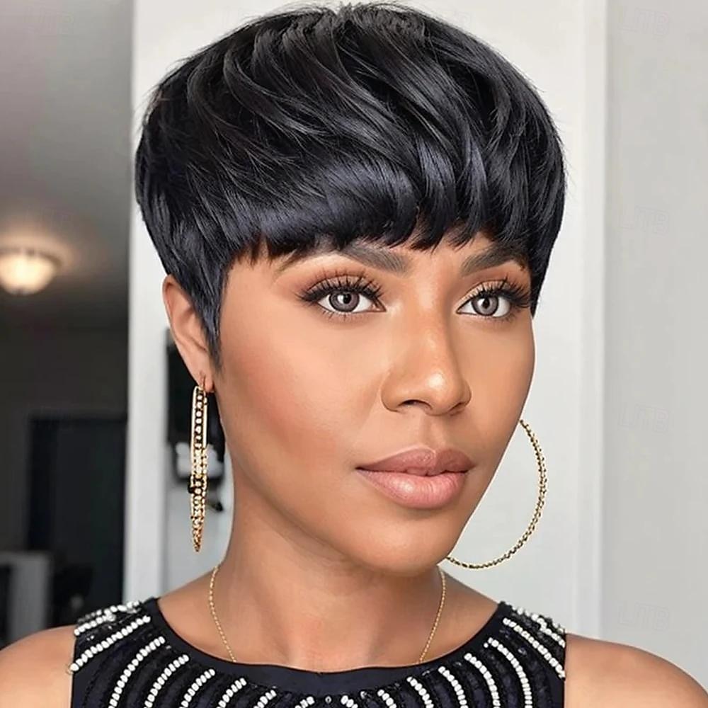 Short Black Layered Wavy Wigs for Women 1B Color Human Hair Short Wigs Pixie Cut Wigs with Bangs 2025 - $42.99 –P6