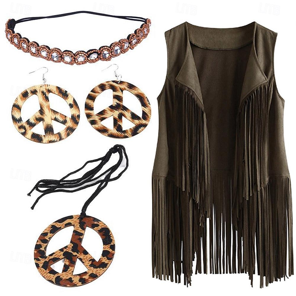 Retro Antiguo Años 60 Años 70 Conjunto de accesorios Chaleco de ante Hippie Borlas Disfraz Mujer Desfile del orgullo Mes del Orgullo Adulto Chalecos Pendientes Collare 2026 - $48.99 –P7