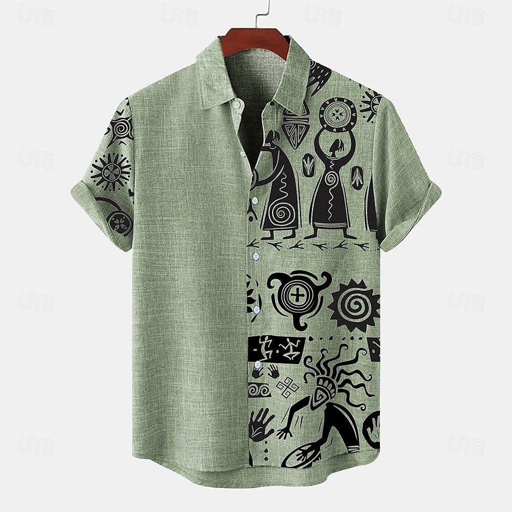 Homens Camisa Social camisa de linho camisas retrô camisa vintage Camisa étnica Diário Azul Verde Caqui Manga Curta Aberto para a Lateral Verão Primavera Roupa de 2026 por $25.99 –P9