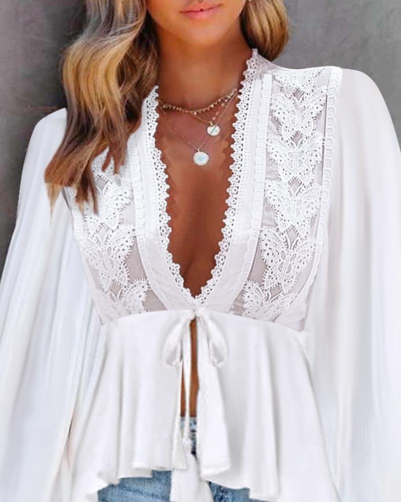 Dámské Košile Boho košile Halenka Bez vzoru Módní Do V ulice Denní Krajka Bílá Nebeská modř Léto 2025 - $38.99 –P2