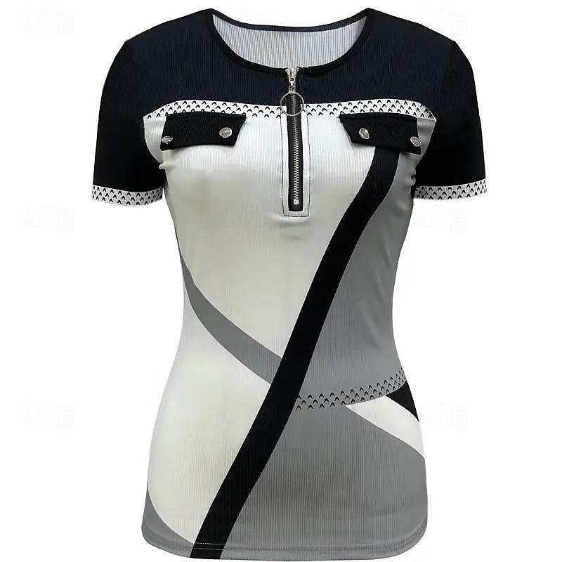 Women's T Shirt Color Block Fashion Short Sleeve V Neck Regular Tops Daily Weekend Print Quarter Zip Black Summer 2025 - $38.99 –P4