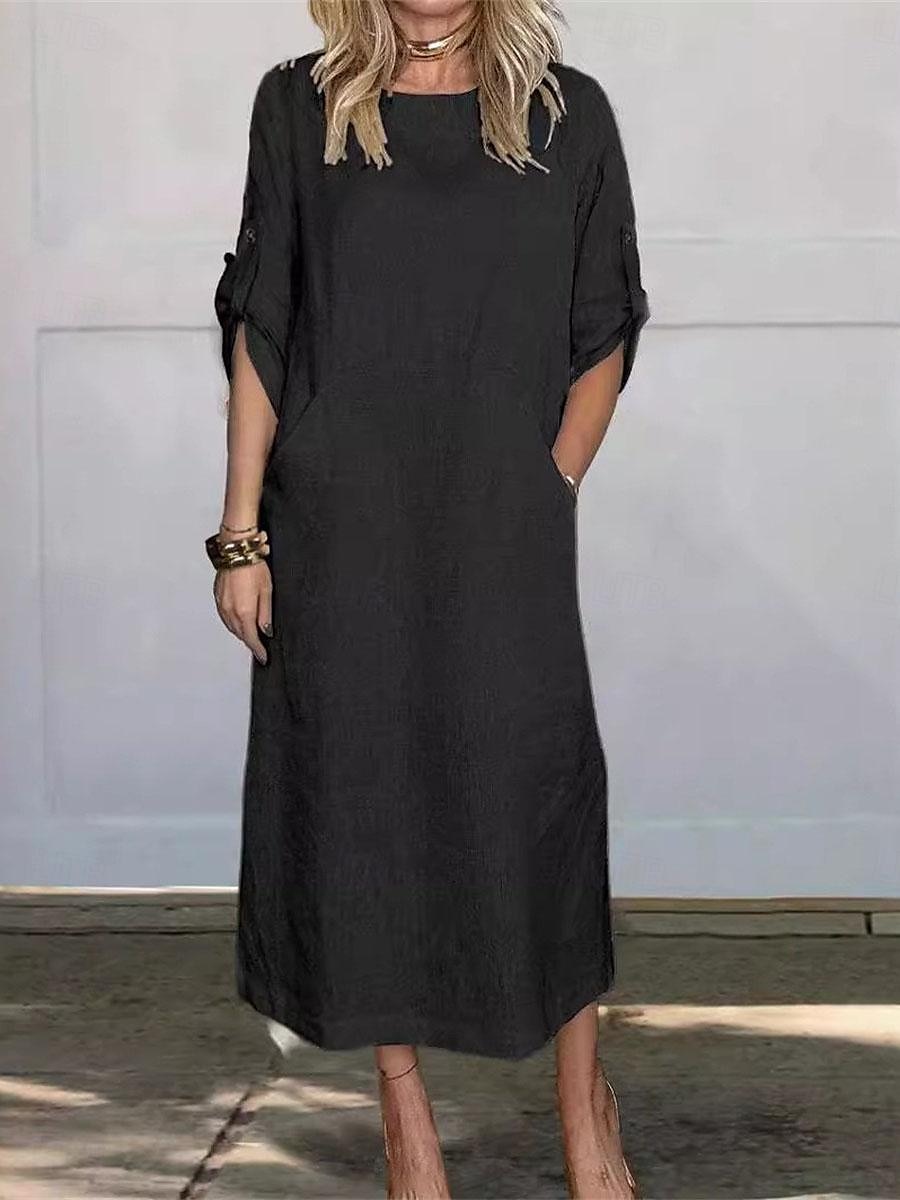 Damen Schwarz Weiß Rote Sommer Frühling Maxikleid Weißes Kleid Baumwoll-Leinen-Kleider Shiftkleid Basic Modern Täglich Wochenende Lässiger Schnitt Einfach Rundhalsausschnitt 2025 - $36.99 –P2