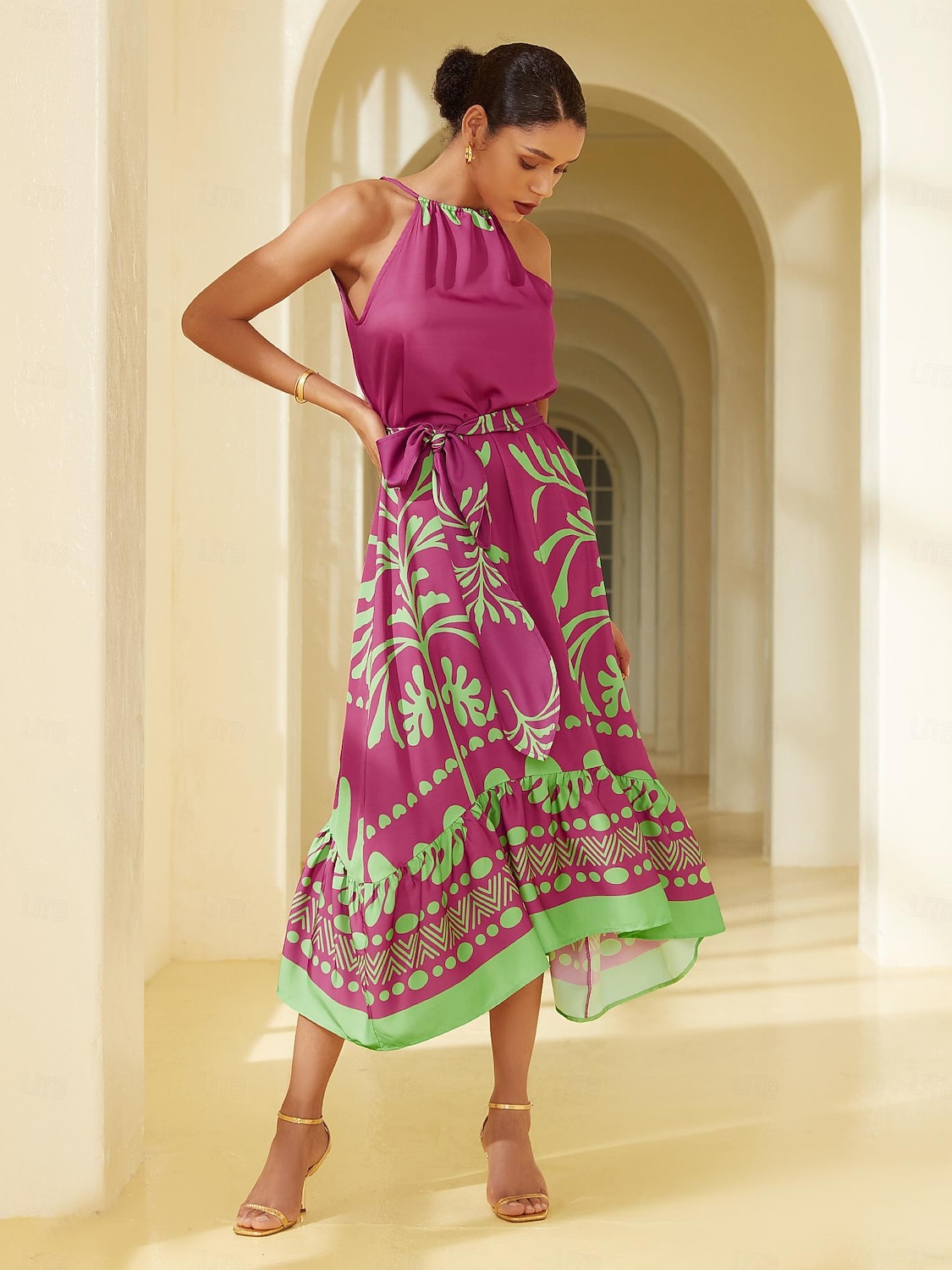 vestido midi geométrico sem mangas em cetim de 2026 por $21.99 –P5