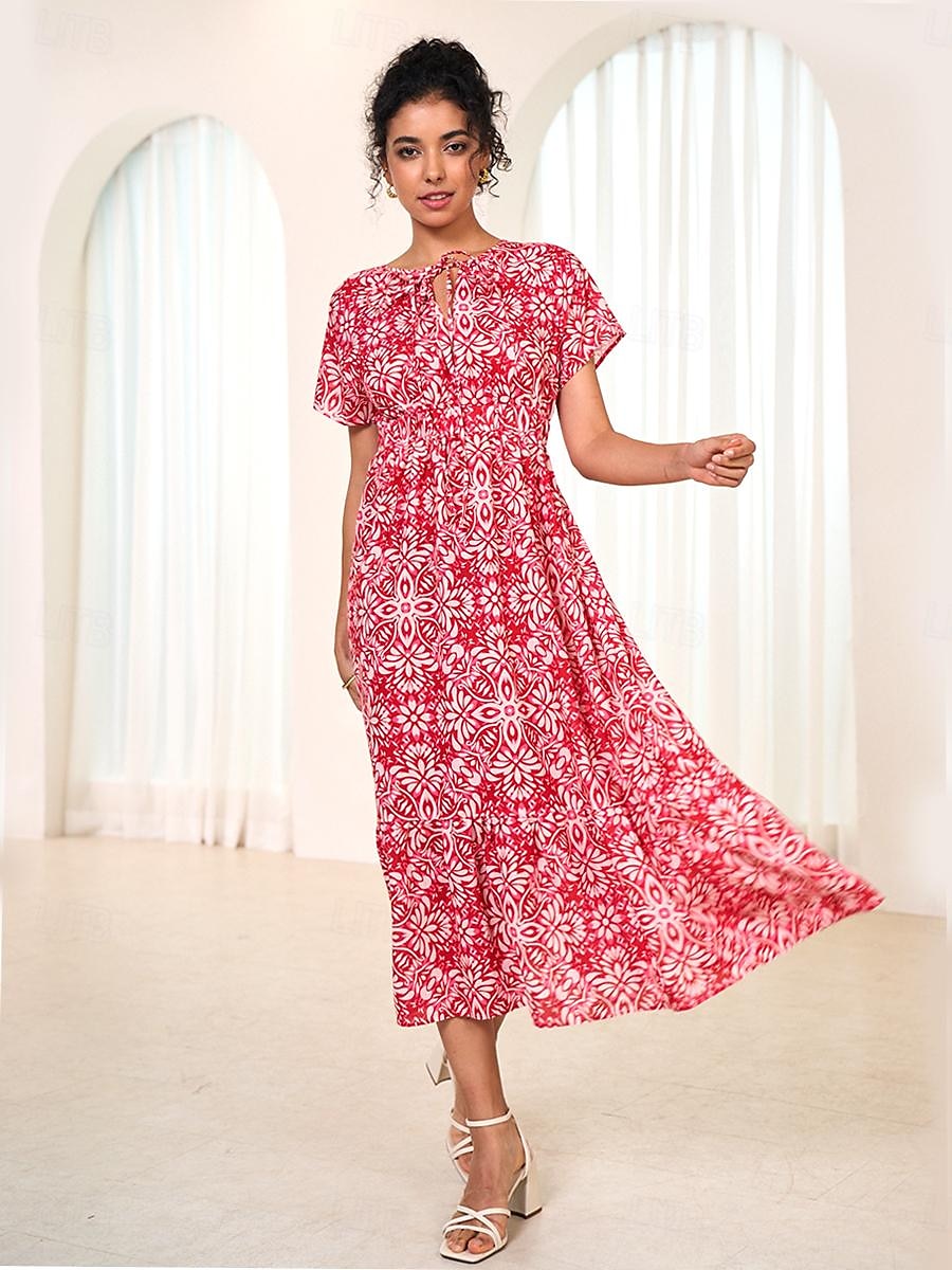 robe longue en mousseline de soie à fleurs et feuilles pour femmes, col noué, manches courtes, été de 2025 ? $7.39 –P3