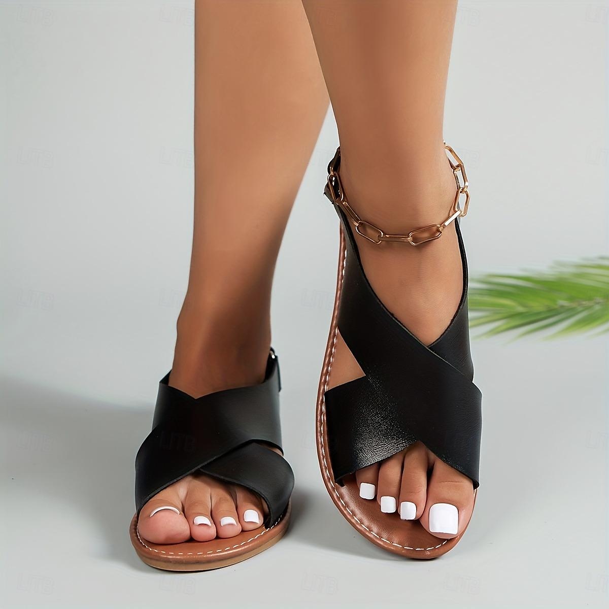 Women's Flat Sandals Boho Sandals Summer Beach Shoes Plus Size Cross Strap Sandals Casual Slingback Summer Sandals Black Brown 2025 - $18.99 –P7