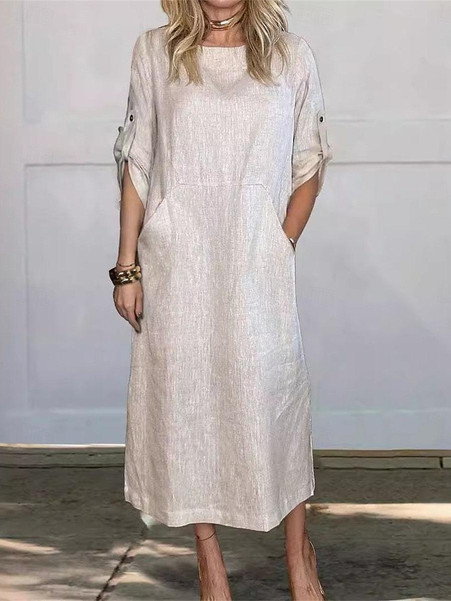 Damen Schwarz Weiß Rote Sommer Frühling Maxikleid Weißes Kleid Baumwoll-Leinen-Kleider Shiftkleid Basic Modern Täglich Wochenende Lässiger Schnitt Einfach Rundhalsausschnitt 2025 - $36.99 –P1
