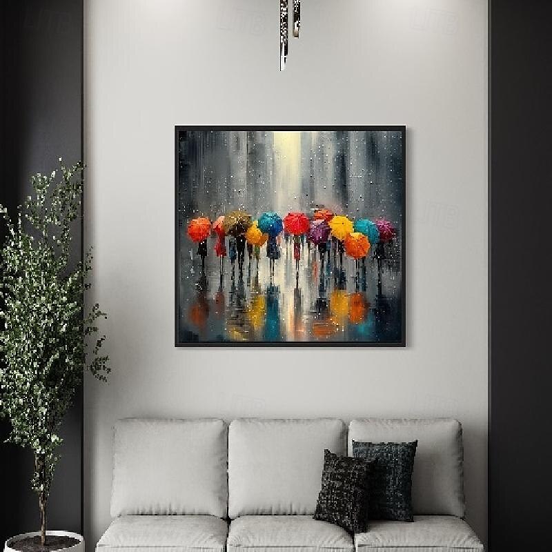 handgemalte Menschen mit Regenschirmen in einer regnerischen Stadt, handgemachte Wandkunst, abstraktes graues Farbspritzer-Gemälde, Leinwandgemälde, modernes Landschaftsgemälde für Wohnzimmerdekor, 2025 - $125.99 –P11