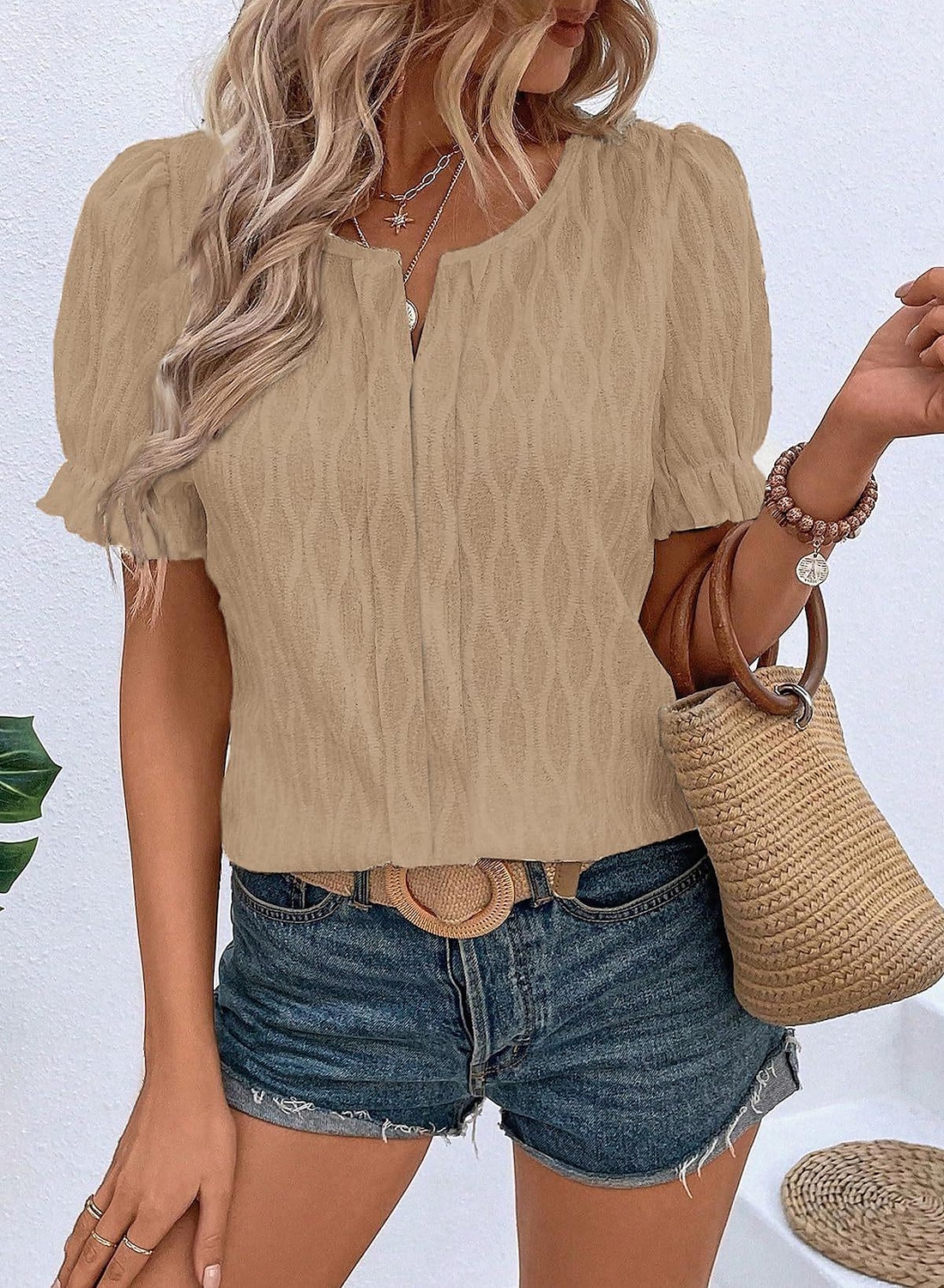 Women's White Elegant Lace Tops Eyelet Blouse Dressy Tops Plain Regular Tops Short Sleeve Puff Sleeve V Neck Lace Regular Fit Vacation Daily Romantic Petite Tops Summer Holiday Wear Blue Purple Khaki 2025 - $27.99 –P11