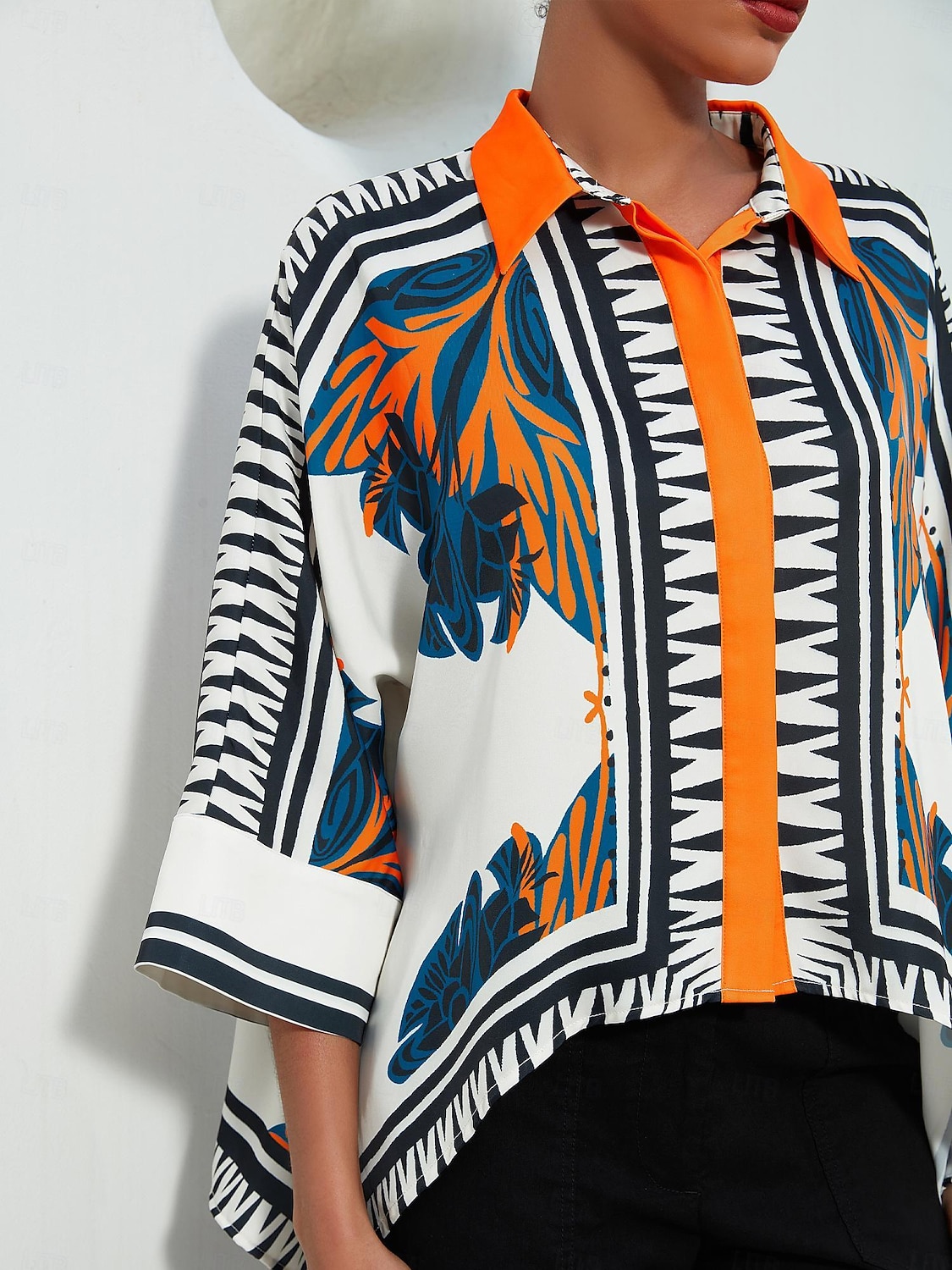 Dames Satijnen zijden overhemd Plaid / Gestreept / Chevron Bloem / Planten Alledaagse kleding Magyaarse mouw Zwart Kleurenblok Opdrukken meetkundig 3/4-Lengte Mouw Modern eigentijds Overhemdkraag 2025 - GBP £65 –P3