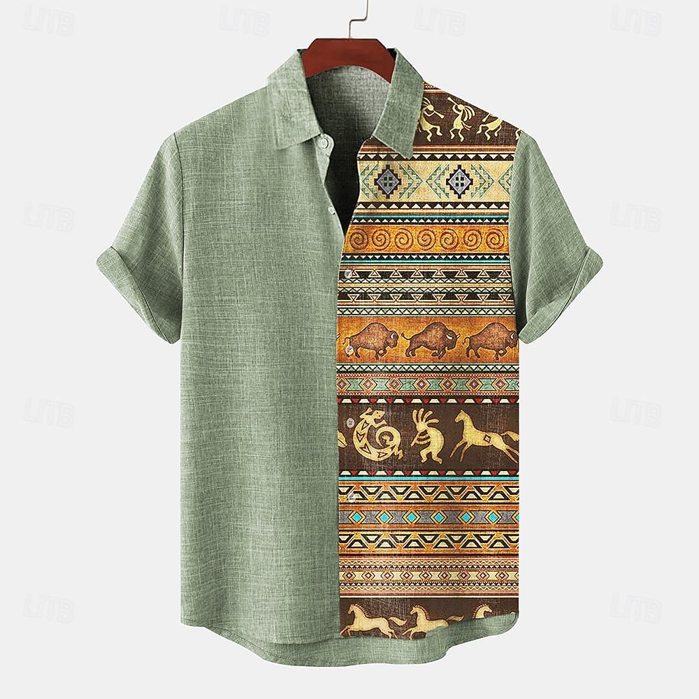 Homme Chemise Chemise Lin chemises rétro Chemise Vintage Chemise ethnique Tribal du quotidien Bleu Vert Kaki Manche Courte Col rabattu Eté Printemps Vêtement Tenue de 2026 ? $29.99 –P8