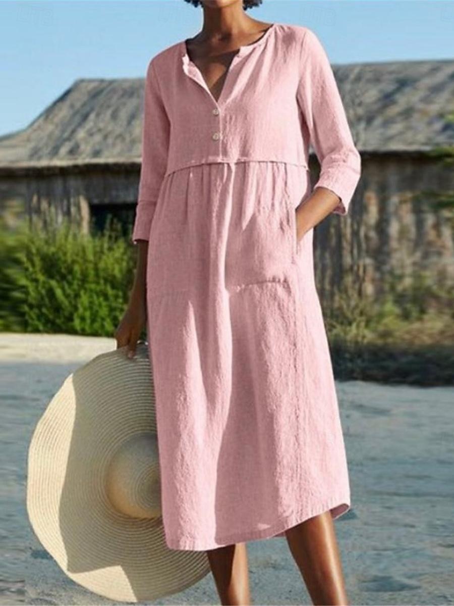 Per donna Abito Midi Finto cotone e lino Abito Camicia Vestito Casual Essenziale Moderno Quotidiano Weekend Vestibilità comoda Semplice Manica 3/4 Scollo a V Blu Nero Rosa Vino Estate Primavera del 2026 a $17.49 –P2