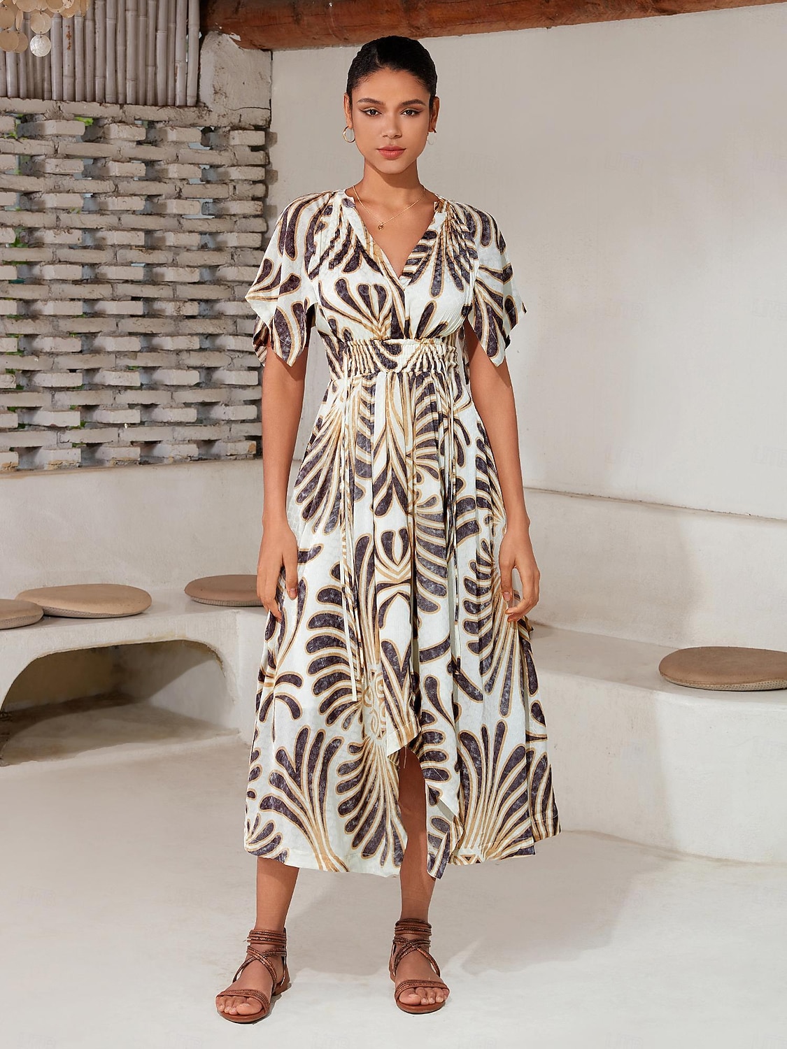 Femmes Robe Midi Robe Midi Marron Manche Courte Folk Ourlet irrégulier Printemps & Été Col en V Robe à Motifs S M L de 2025 ? $116.99 –P6