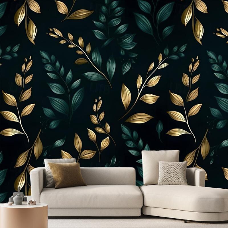 Papel de parede legal, mural de parede, folhas verdes douradas, adesivo de parede, cobertura de impressão, tela necessária, decoração de casa de 2025 por $13.99 -P1