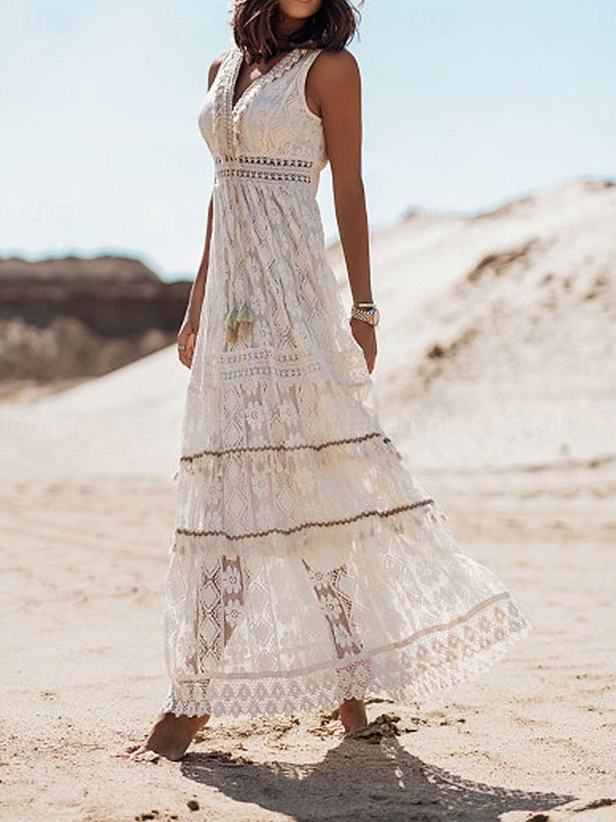 Women's Long Dress Maxi Dress Maxi Dress White Dress Boho Chic Dresses Boho Dress Bohemia Wedding Vacation Date Regular Fit Sleeveless V Neck White Apricot Summer 2025 - $30.99 –P3