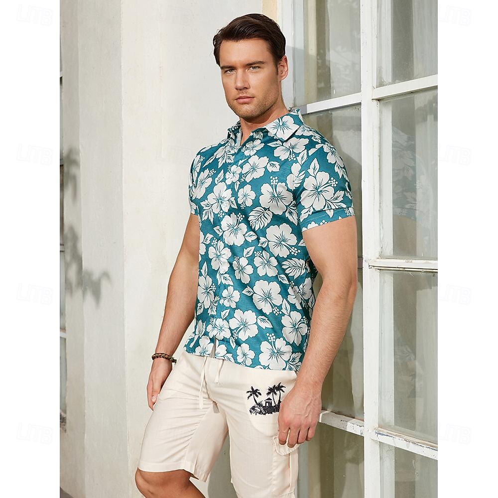 Men's Linen Shirt Summer Shirt Casual Shirt Beach Shirt Summer Hawaiian Shirt Flower / Plants Vacation Hawaiian Blue Short Sleeve Lapel Spring & Summer Clothing Apparel Print 2025 - $26.99 –P5