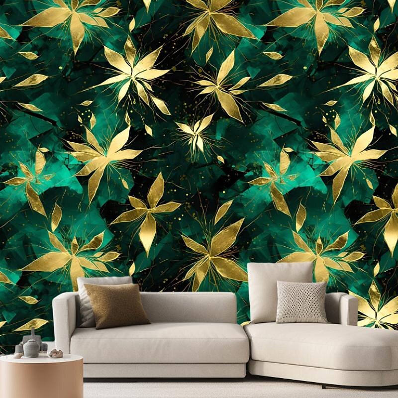 Papel de parede legal, mural de parede, folhas verdes douradas, adesivo de parede, cobertura de impressão, tela necessária, decoração de casa de 2025 por $13.99 -P8