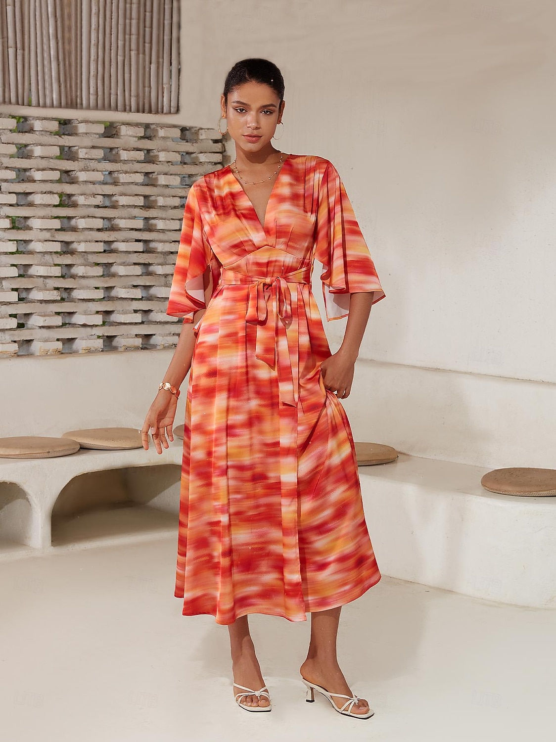 2025年 女性用 ヘムマキシ マキシドレス ルビーレッド ハーフスリーブ シェーディング プリント 夏 Ｖネック ドレス バケーション S M L  コレクション – $103.99 –P1