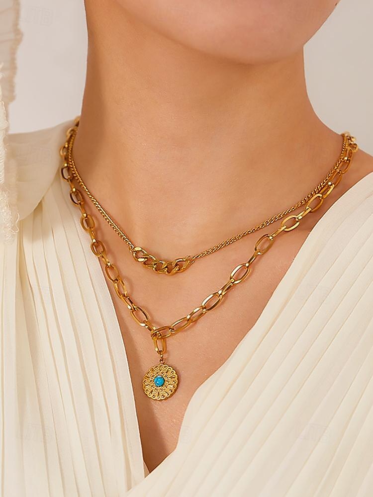 Women's Elegant Gold-Plated Chain Necklace with Turquoise Center Medallion - Durable Stainless Steel 2025 - $14.99 –P3