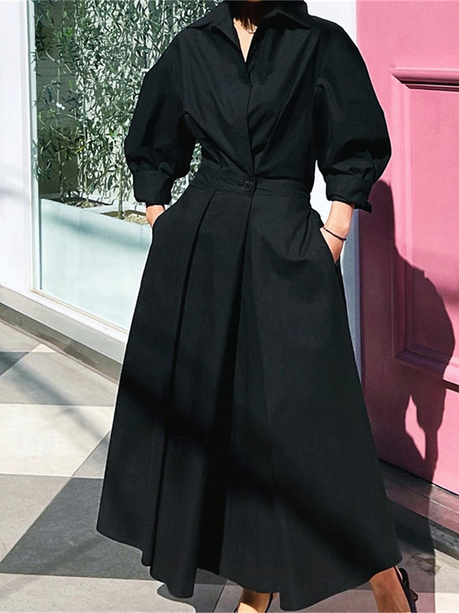 Dámské Bílé šaty Košilové šaty Bavlněné plátěné šaty Maxi dlouhé šaty Rande Dovolená Polyester Základní Košilový límec Tlačítko Kapsy Dlouhý rukáv Léto Jaro Běžný Bez vzoru 2025 - $42.99 –P1
